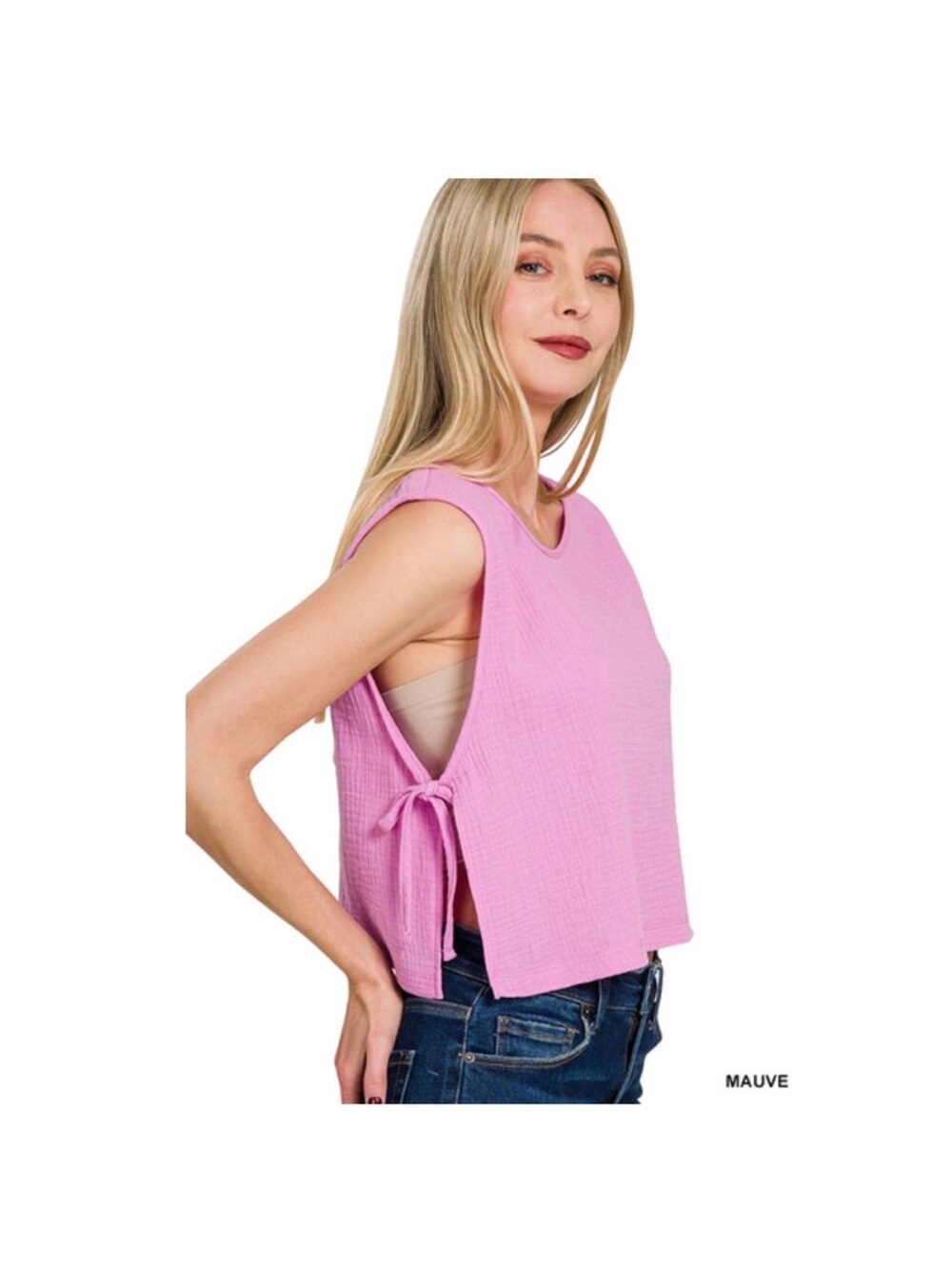Zenana Outfitters Gauze Mauve Side-Tie Sleeveless Tank